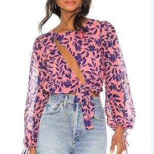 House of Harlow 1960 Pink and Blue Leaf Print Blouse